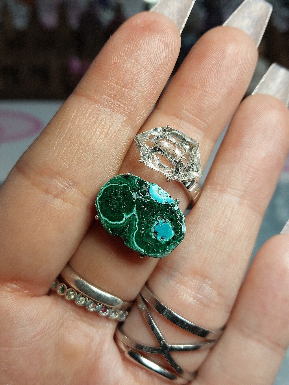 ⚒️ Chrysocolla Malachite & HQ Herkimer DT Copper Specimen Ring